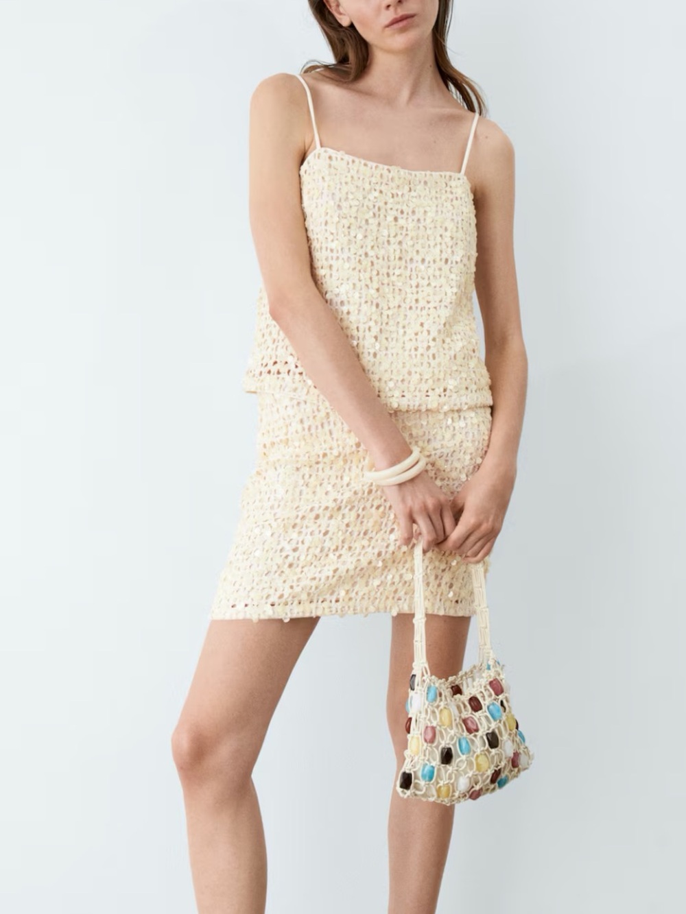 H&M NWT 2 piece mini skirt & cami top SET Cream Crochet sequin textured SET - Picture 4 of 11